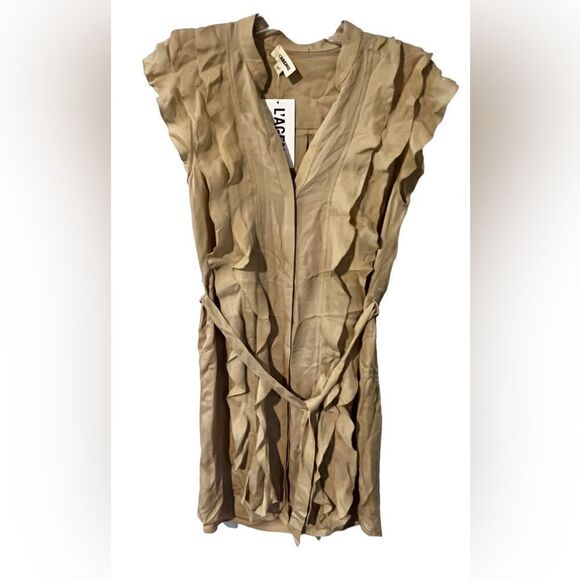 L’agence Dress Beige Nude Ruffle Tie Waist Mini V Neck Cap Sleeve Small NWT - Picture 1 of 4